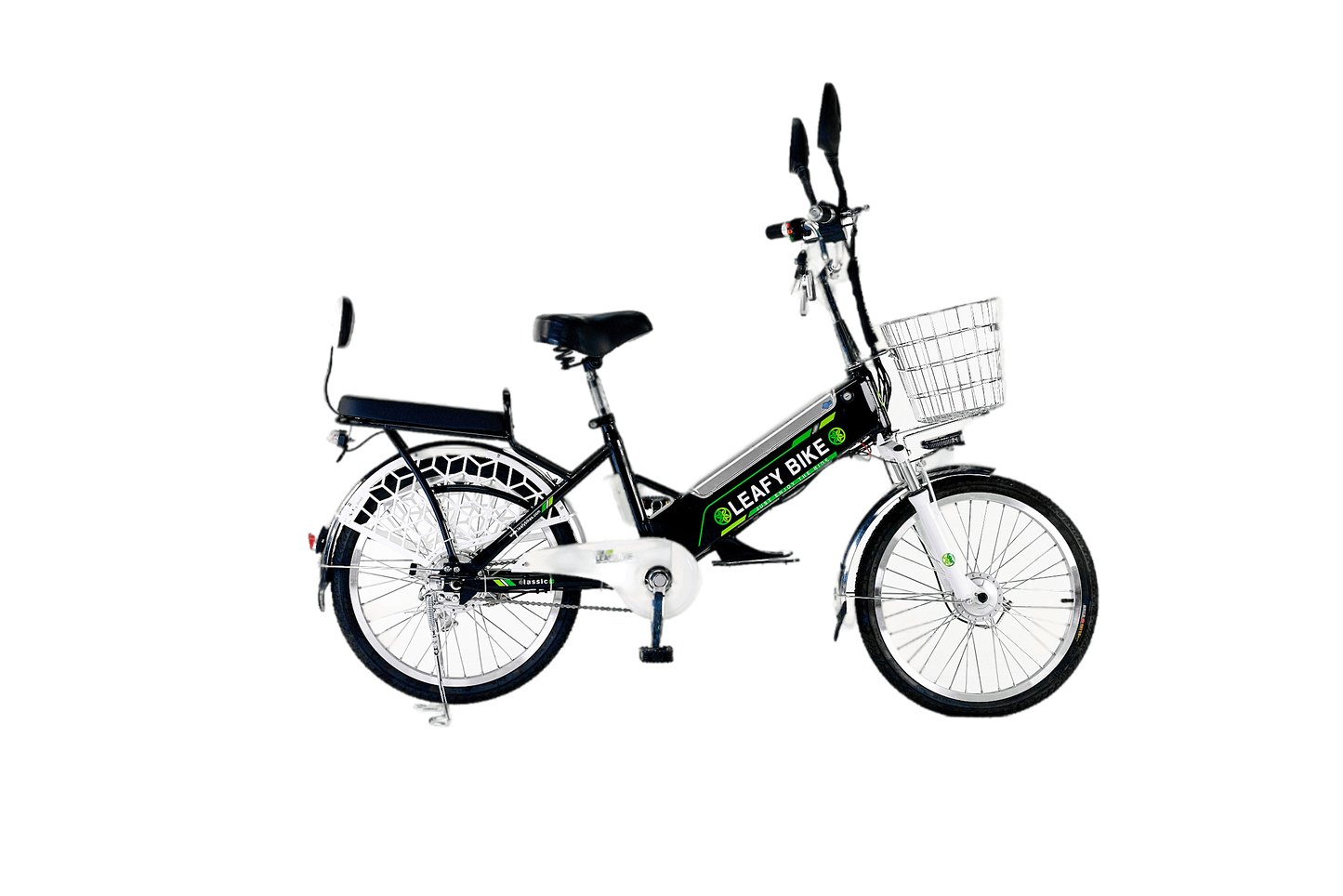 Black 2-seater electric bike featuring a 48V motor, 20 MPH speed, and 30-mile range—great for shared rides or solo adventure