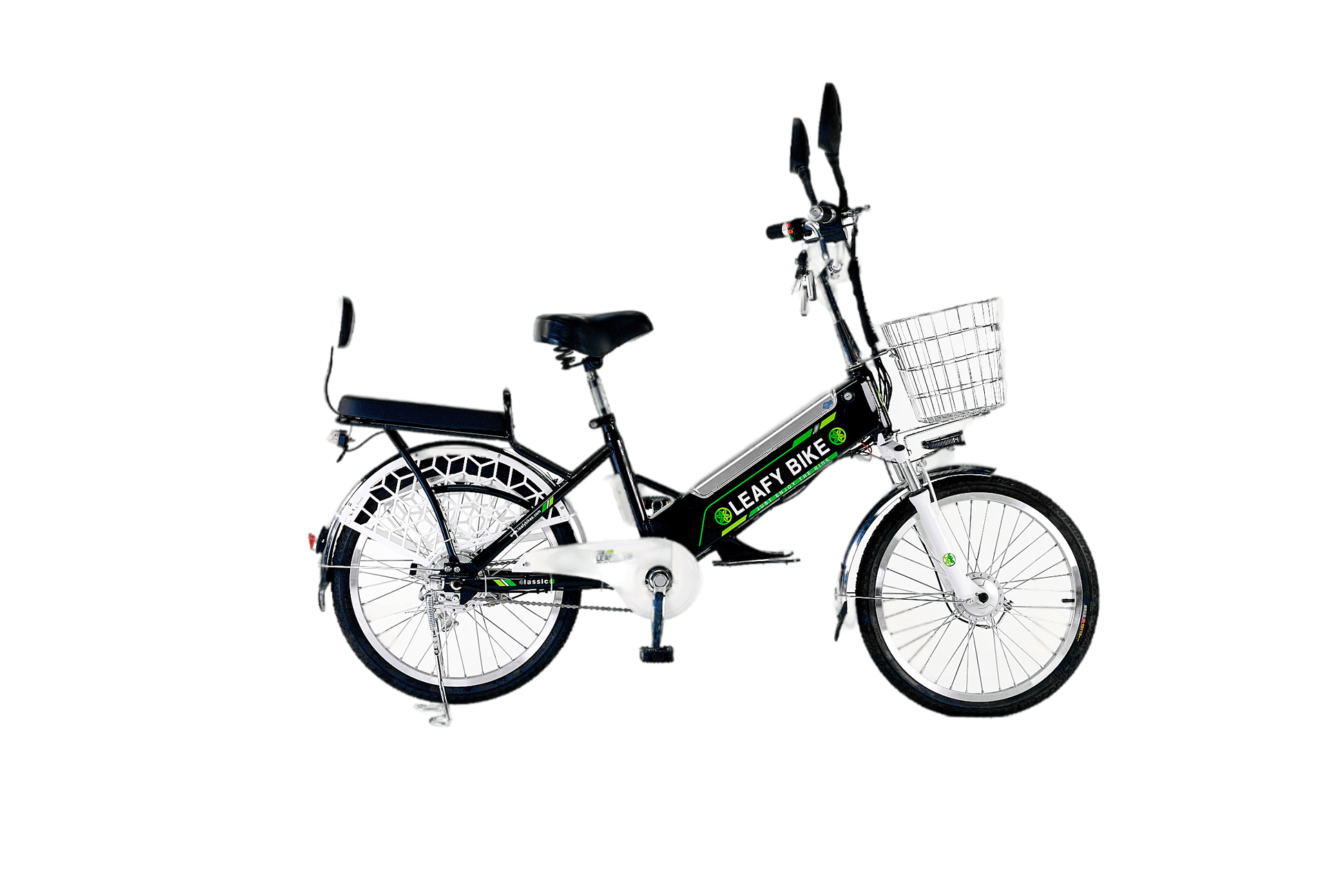 Black 2-seater electric bike featuring a 48V motor, 20 MPH speed, and 30-mile range—great for shared rides or solo adventure