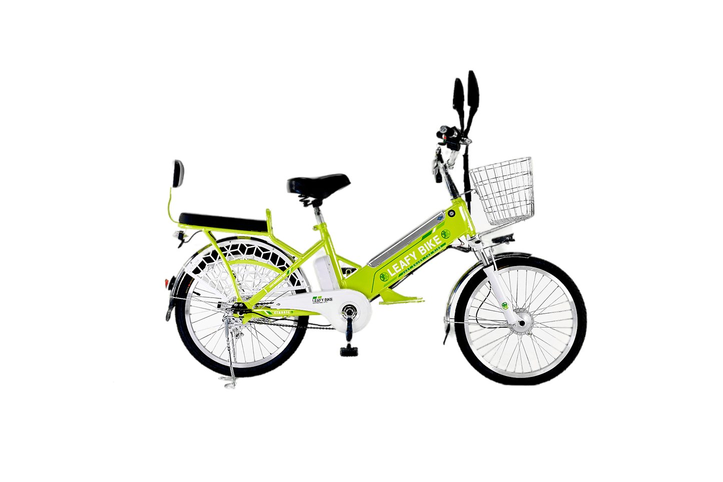 Green 2-seater electric bike featuring a 48V motor, 20 MPH speed, and 30-mile range—great for shared rides or solo adventure