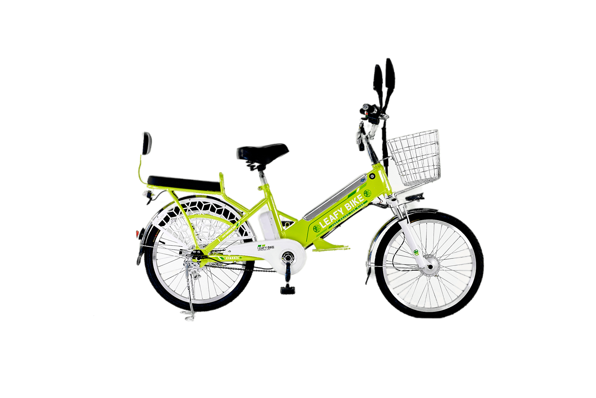 Green 2-seater electric bike featuring a 48V motor, 20 MPH speed, and 30-mile range—great for shared rides or solo adventure