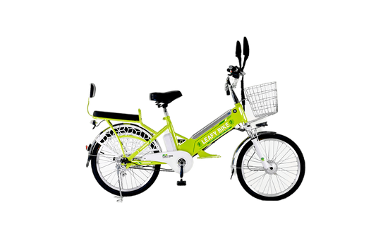 Green 2-seater electric bike featuring a 48V motor, 20 MPH speed, and 30-mile range—great for shared rides or solo adventure
