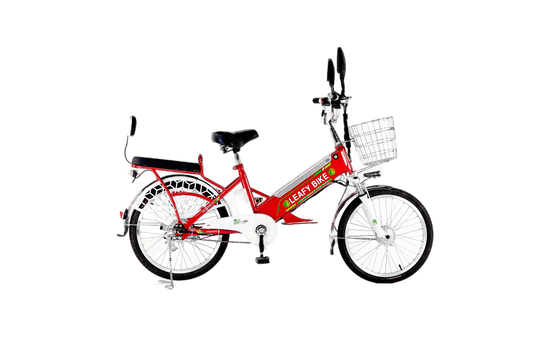 Red 2-seater electric bike featuring a 48V motor, 20 MPH speed, and 30-mile range—great for shared rides or solo adventure