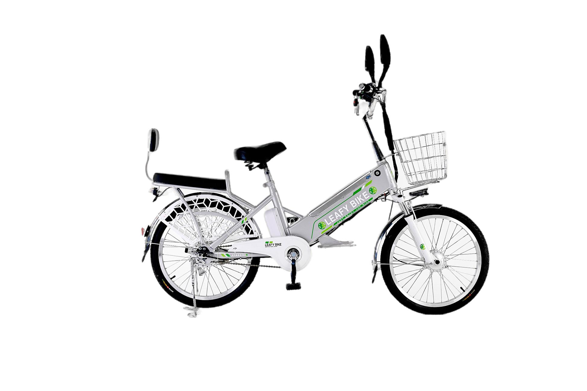 Grey 2-seater electric bike featuring a 48V motor, 20 MPH speed, and 30-mile range—great for shared rides or solo adventure