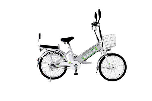 Grey 2-seater electric bike featuring a 48V motor, 20 MPH speed, and 30-mile range—great for shared rides or solo adventure