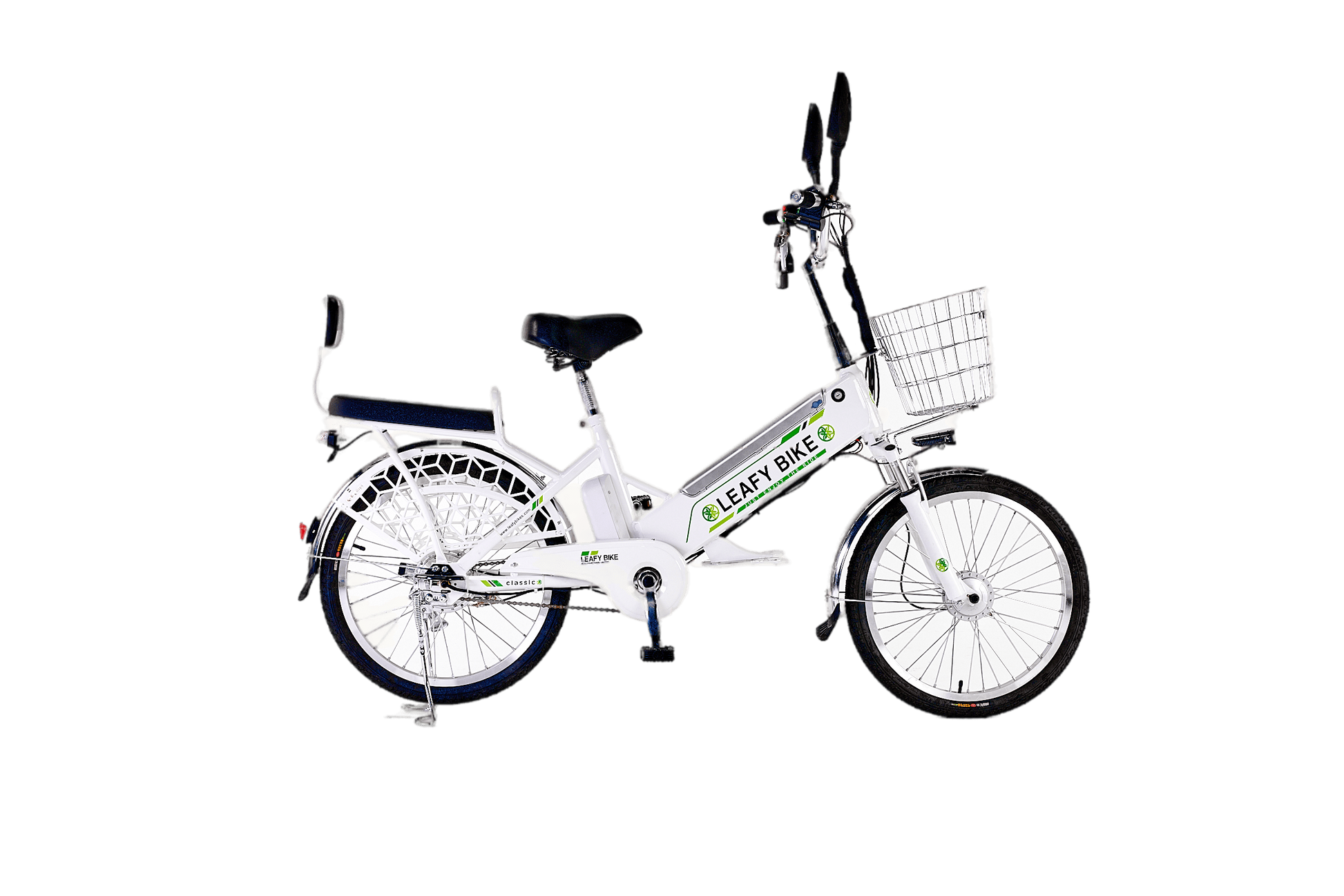 White 2-seater electric bike featuring a 48V motor, 20 MPH speed, and 30-mile range—great for shared rides or solo adventure