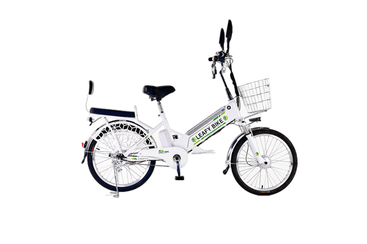 White 2-seater electric bike featuring a 48V motor, 20 MPH speed, and 30-mile range—great for shared rides or solo adventure