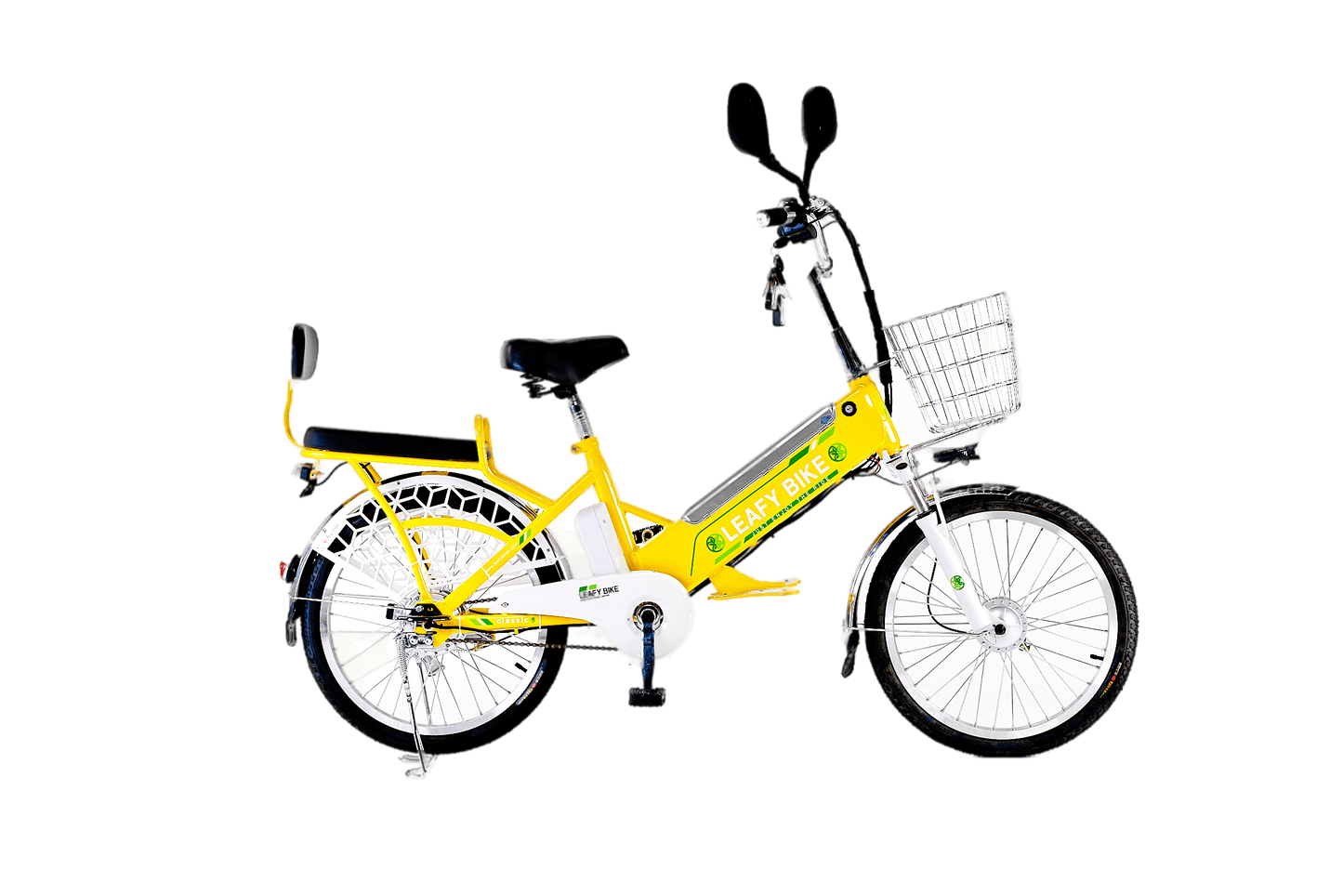 Yellow 2-seater electric bike featuring a 48V motor, 20 MPH speed, and 30-mile range—great for shared rides or solo adventure
