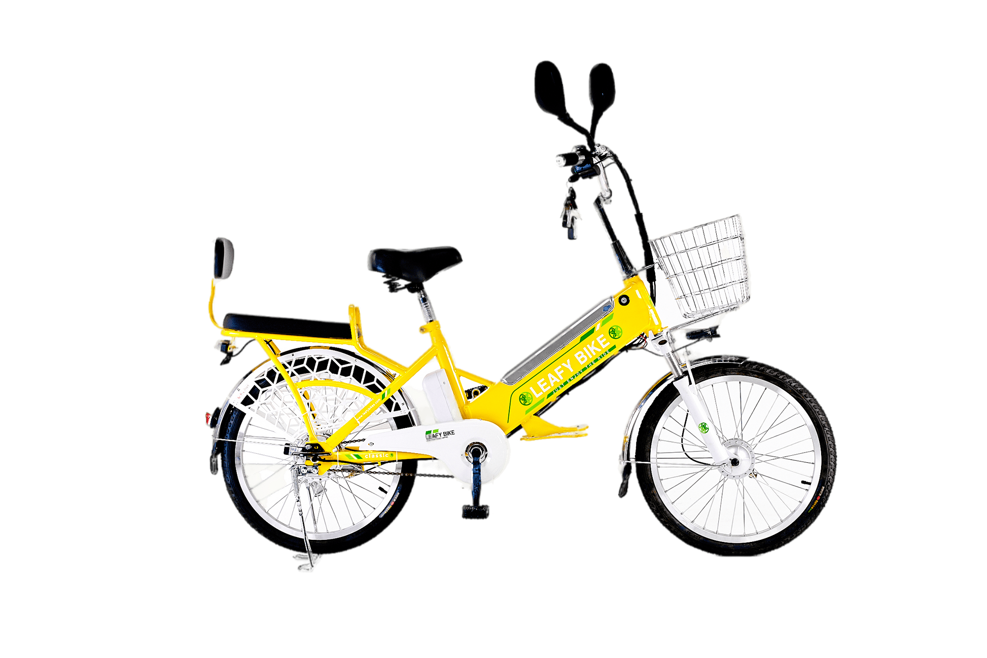 Yellow 2-seater electric bike featuring a 48V motor, 20 MPH speed, and 30-mile range—great for shared rides or solo adventure