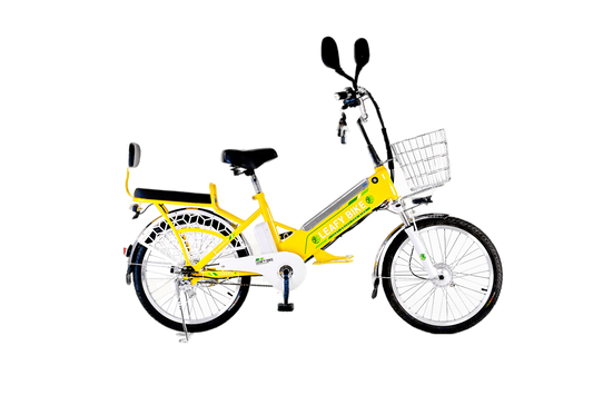 Yellow 2-seater electric bike featuring a 48V motor, 20 MPH speed, and 30-mile range—great for shared rides or solo adventure